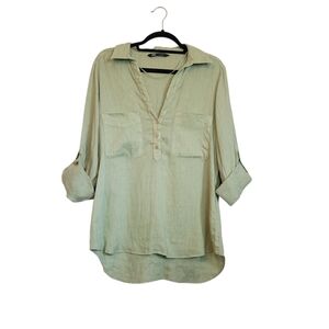 Zara 100% Linen Sage Green Tunic Blouse Size L Roll Tab Sleeve